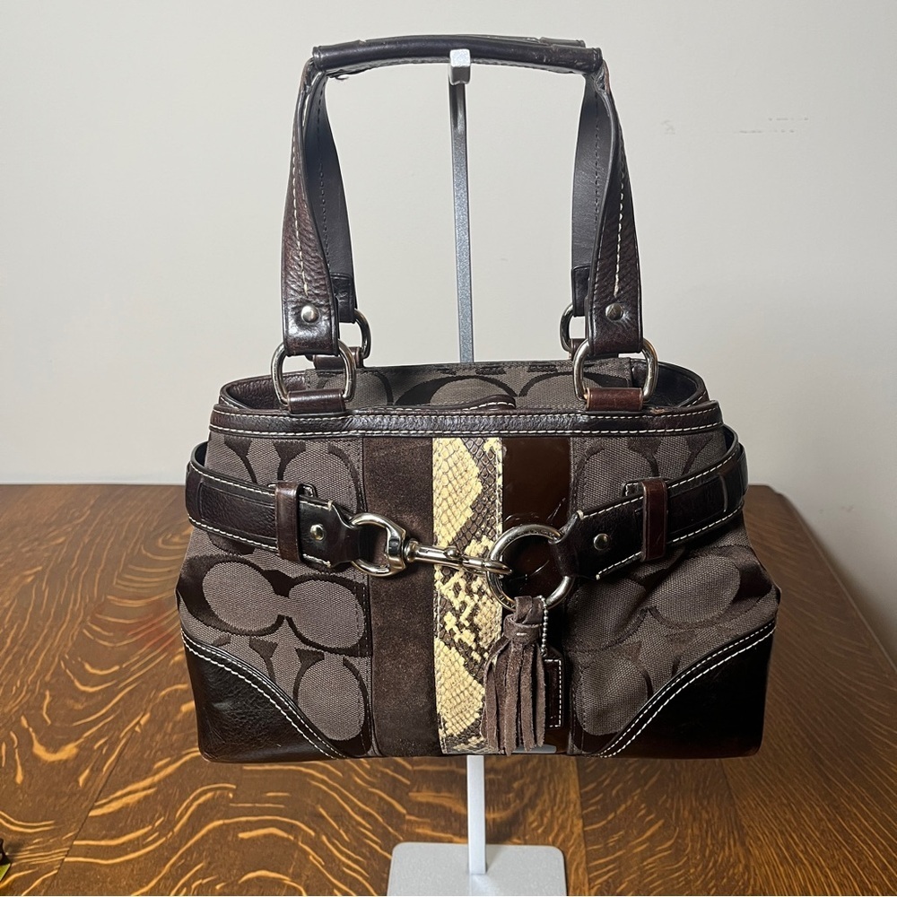 Coach Chocolate Brown Hampton Satchel with Python Snake Print Accent - Picture 1 of 14